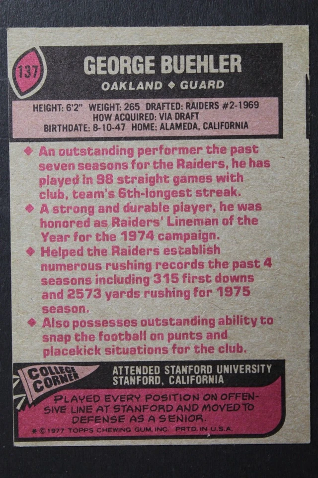 George Buehler Oakland Raiders Autographed Signed 1977 Topps #137 Card STANFORD - Image 2 of 3