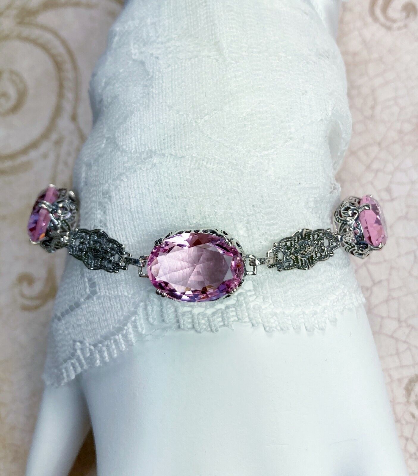 Pink Gemstone Filigree Sterling Silver Edwardian Link Bracelet (
