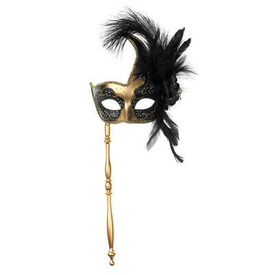 Gold Black Feather Women�s Masquerade Stick Mask for Parties