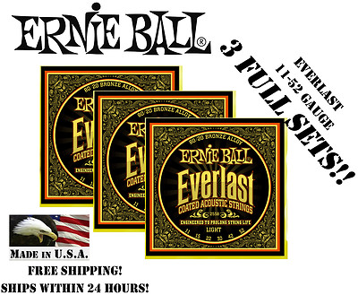 **3 SETS! ERNIE BALL 2558 EVERLAST COATED 80/20 BRONZE LIGHT ACOUSTIC STRINGS **