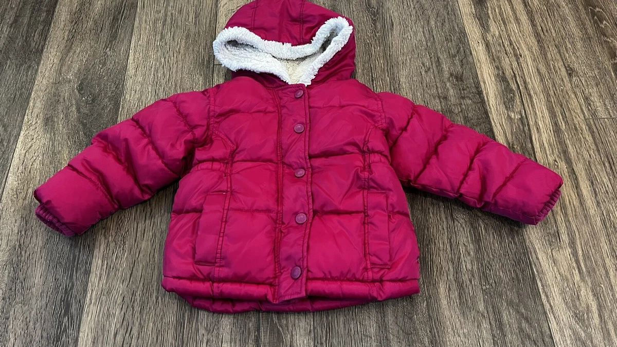 Old Navy Puffer Winter Coat Jacket Girl s Size 2T Pink Sherpa Lined Hood