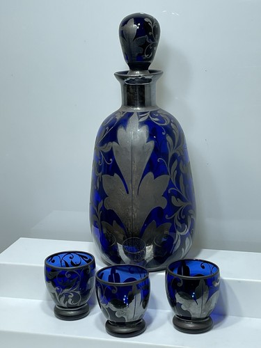 Vintage Murano Cobalt Blue Glass Decanter w stopper Silver Overlay set 6 glasses - Picture 3 of 22