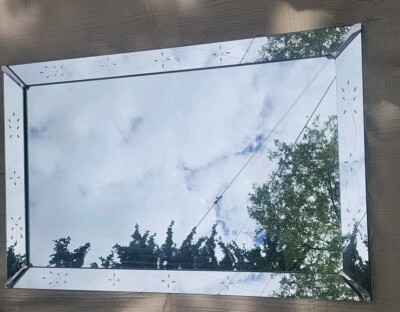 Vintage Venetian Beveled Etched Wall Mirror With Metal Corner Details 51''×32.5''