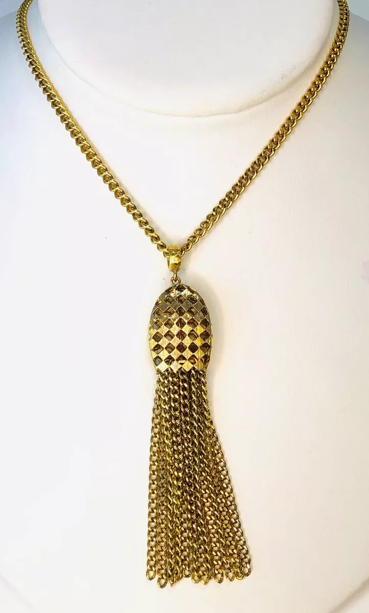 Vintage MONET Gold Tone Tassel Checkerboard Harlequin Long Chain Necklace 27