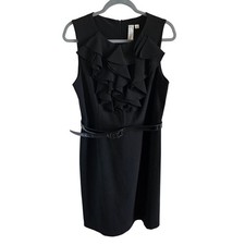 Emma & Michele Black Ruffle Neck Sleeveless Belted Sheath Dress Classy Size 12