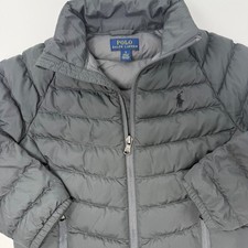 Polo Ralph Lauren Boys Size 5 Grey Quilted Puffer Jacket Full Zip Mock Neck Logo