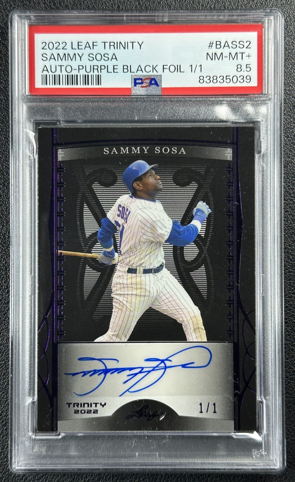 SAMMY SOSA PSA 8.5 2022 LEAF TRINITY #BA-SS2 PURPLE BLACK FOIL AUTO 1/1 (5039) view 1