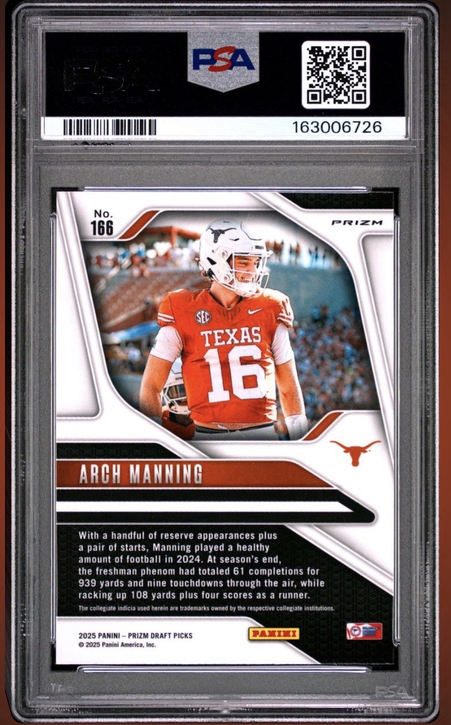 2025 Panini Prizm Arch Manning #166 Silver Prizm (RC) PSA 10 Gem Mint view 2