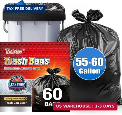 Teivio Trash Bags, 55-60 Gallon, 60 Count, Black, for Bathroom, Office, Industri