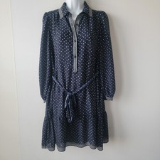 Max Studio women's polka dot button-front crepe dress sz M long-sleeve tie waist