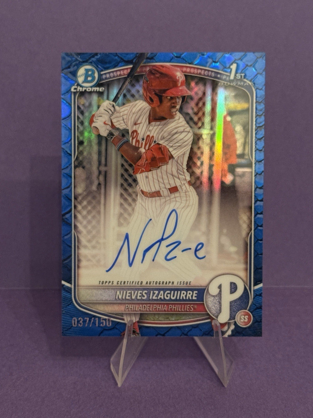2025 Bowman Chrome Nieves Izaguirre Auto Reptilian Blue Refractor 1st /150