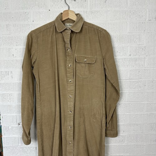 Vintage LL Bean Corduroy Shirt Dress Womens Khaki Tan Prairie Button Down 10 M - Picture 2 of 7