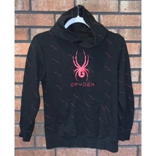 Spyder Boys Black Red Logo Print Fleece Pullover Hoodie Sweatshirt Size M 10/12