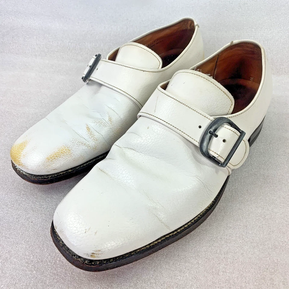 DuPont Corfam White Dress Shoes Strap Buckle 9.5 D B Sterling Oak Sole VTG 1970s - Image 2 of 4
