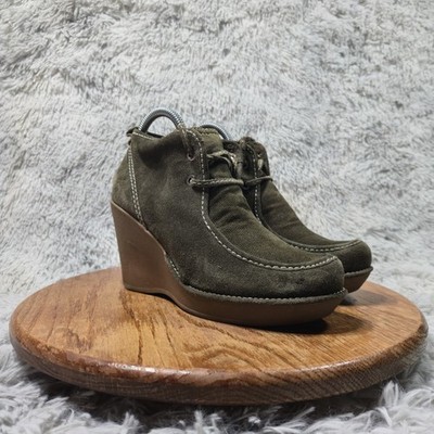 Y2K Report Anika Women Size 8 Green Leather Bohemian Rawhide Lace Wedge Booties 