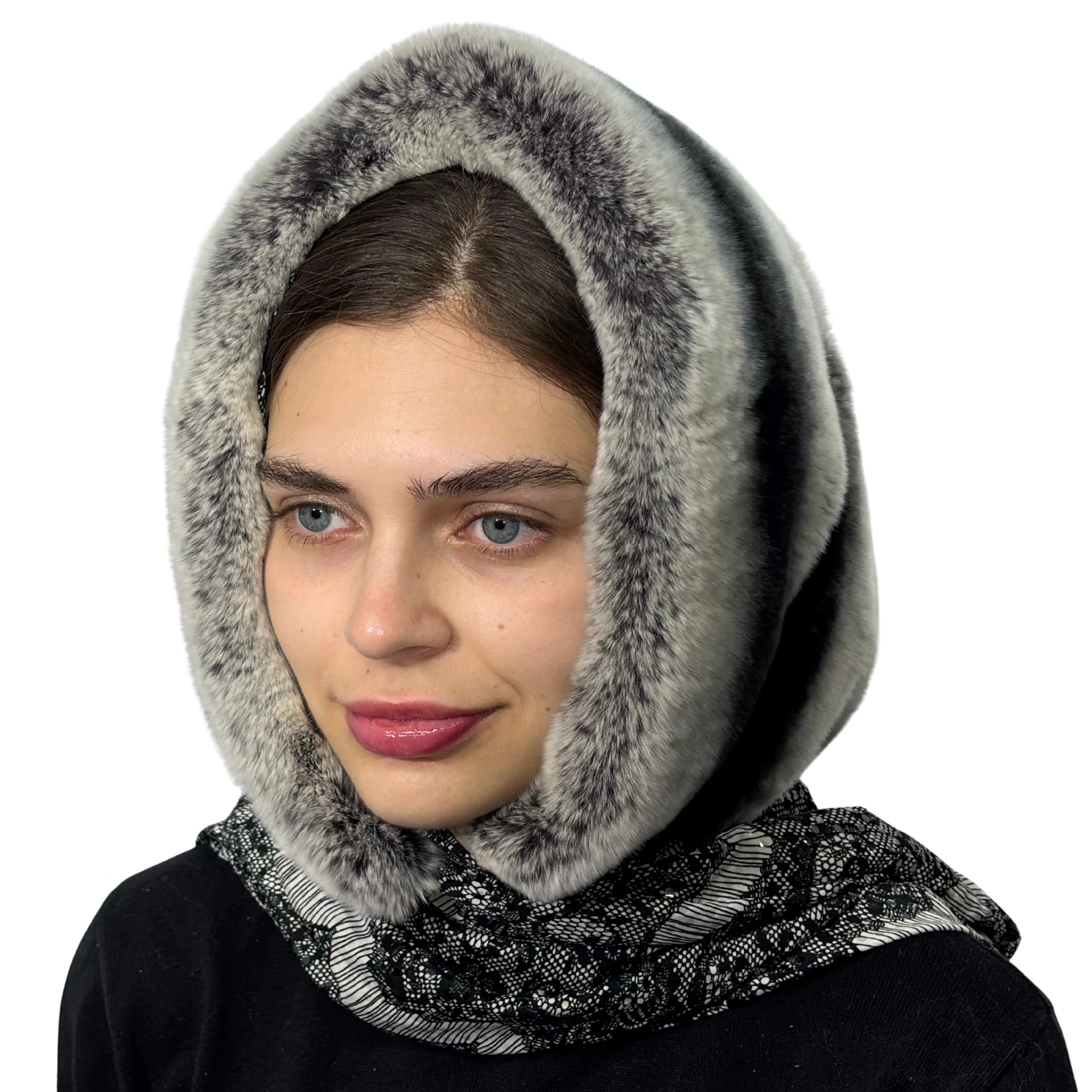 Women's Rabbit Fur Hat Real Fur Scarf Head Winter Fur Hood Handmade