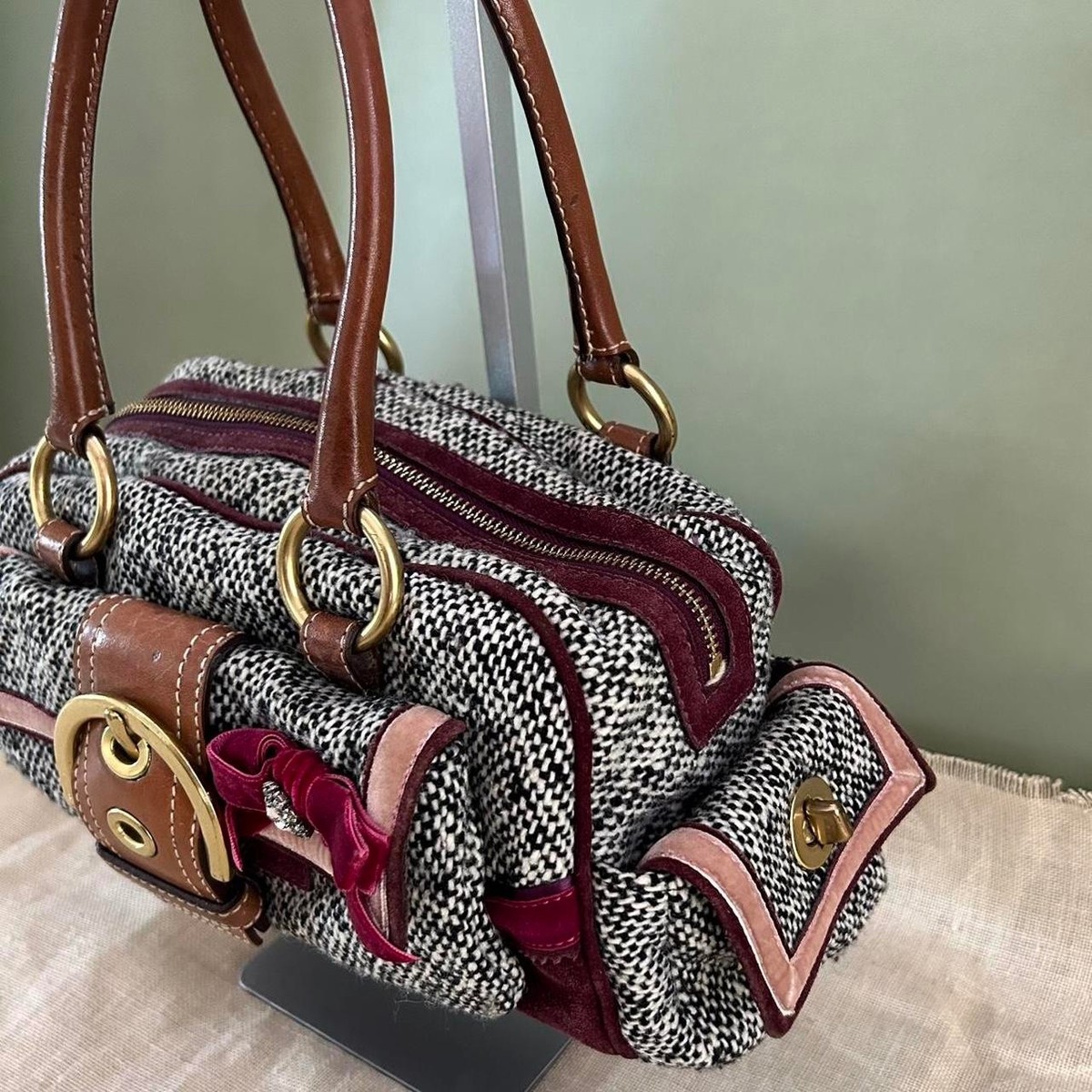 Vintage 2000s Coach Soho 2005 Tweed Satchel with Swarovski Bow