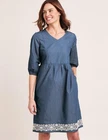NEW Lightweight Blue Denim Plus Sz 2X Gathered Waist Knee Length Dress Pockets