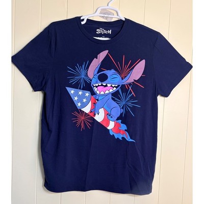 Disney Lilo & Stitch Patriotic Rocket Firework Graphic T-Shirt Navy Blue XL