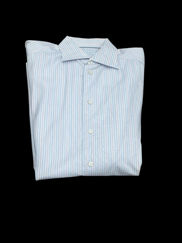 CAMISA DE VESTIR ETON CONTEMPORÁNEA YORK RAYAS ROSA AZUL BLANCO LUJO 42 16.5 Foto 2 de 4