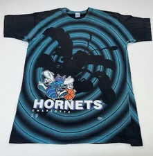 VTG 90s NBA CHARLOTTE HORNETS DOUBLE SIDE SHADOW AOP T-SHIRT SALEM SPORTSWEAR XL