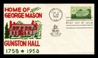 US COVER VELVETONE CACHET FIRST DAY OF ISSUE GUNSTON HALL HOME OF GEORGE MASON