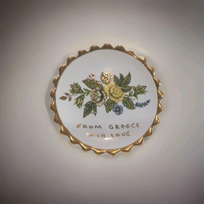 VTG Greece Pin Dish. Roses And 24k Gold Accents. ''FROM GREECE WITH LOVE. 3''