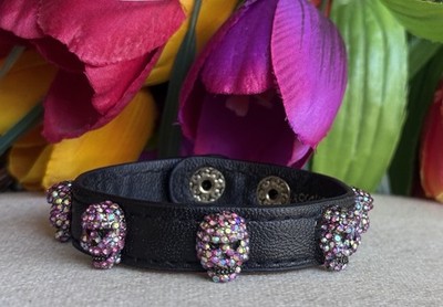 Betsey Johnson Crystal Black Wrap Faux Leather 7  Skull Bracelet #10