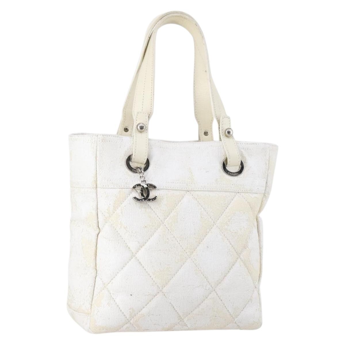 CHANEL Paris Biarritz MM Tote Bag Coated Canvas White Silver CC