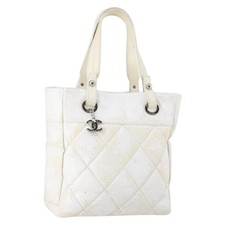 CHANEL Paris Biarritz MM Tote Bag Coated Canvas White Silver CC Auth 145693