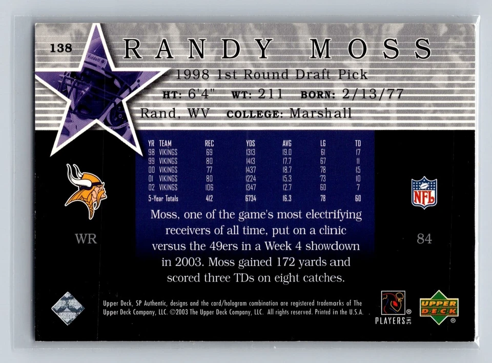 RANDY MOSS 2003 UPPER DECK SP AUTHENTIC STAR STATUS SP 728/1200 VIKINGS - Image 2 of 2