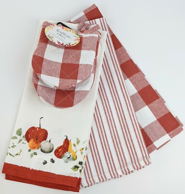 Set Of 3 Kitchen Towels, Pumpkins, Stripes, And Buffalo Check & Mini Oven Mitts