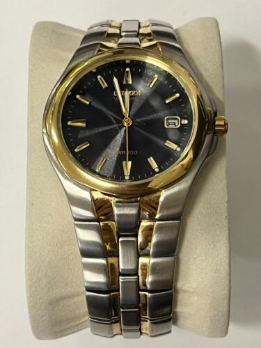 Citizen Eco-Drive Watch Men 35mm Silver/Gold Tone E111-K15699 Tested & Working