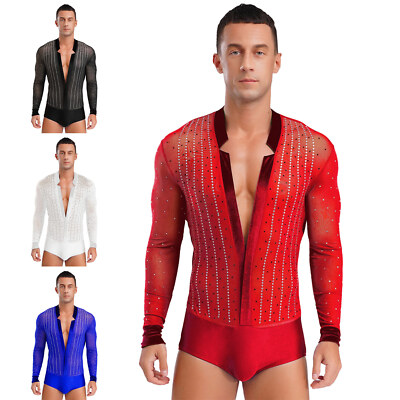 Herren Latein Ballet Tanz Bodysuit Langarm Mesh Spleiß Glänzend Strass Hemd Body