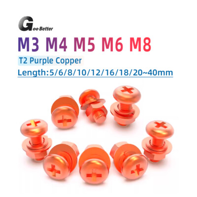 T2 Copper Machine Pozi Pan Head Screws Bolts With Full Nut & Thick Washers M3~M8