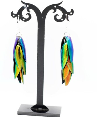 Green Blue Yellowish Red Sternocera Beetle Insect Wings Drop Dangle Earrings