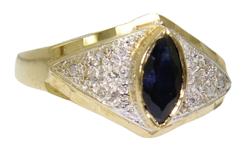 Marquise Sapphire & 0.18ct Diamond Cluster 9ct Yellow Gold ring size P ~ 7 3/4 - Picture 2 of 9