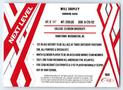 2024 Sage High Series Purple #104 Will Shipley Clemson Tigers