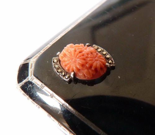 Puderdose ASPREY argent massiv + Lack + Koralle Silber Pulver Box 1933 Art Deco - Bild 3 von 7
