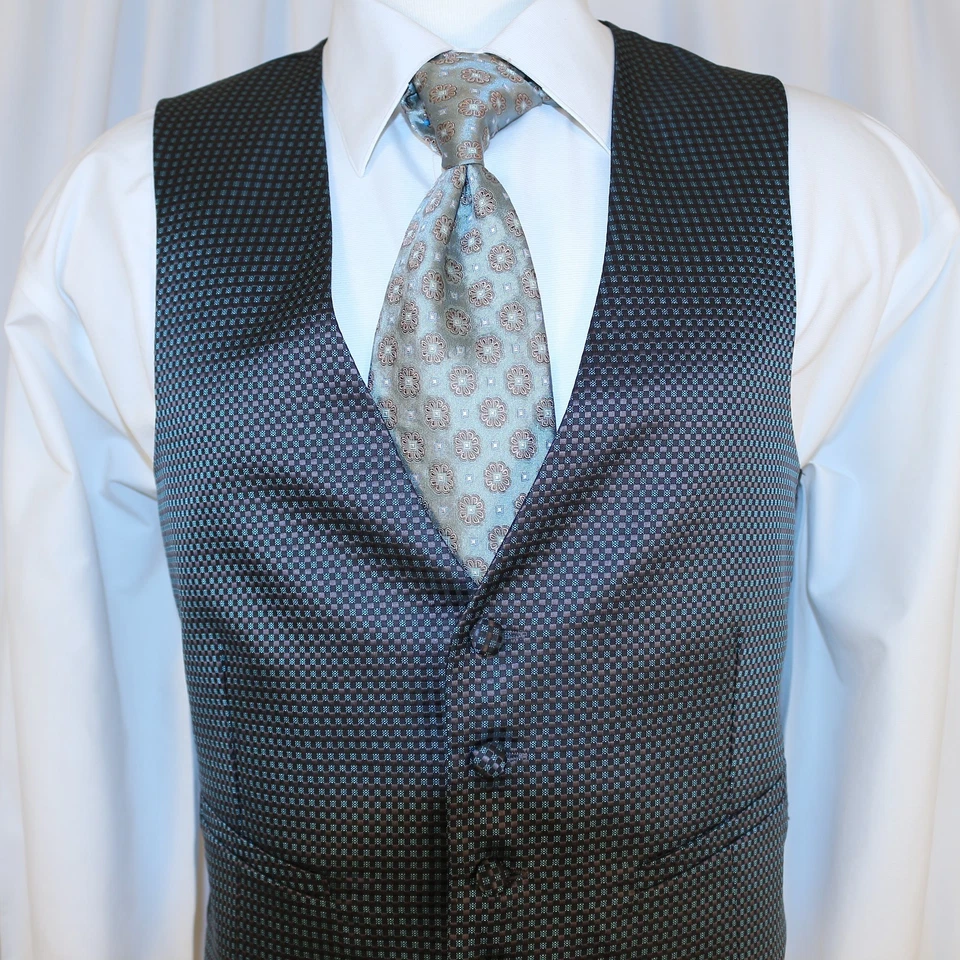 LORD WEST Aqua Blue Silver Gray Black Polka Dot Men Formal Waistcoat Vest Size S - Image 3 of 4