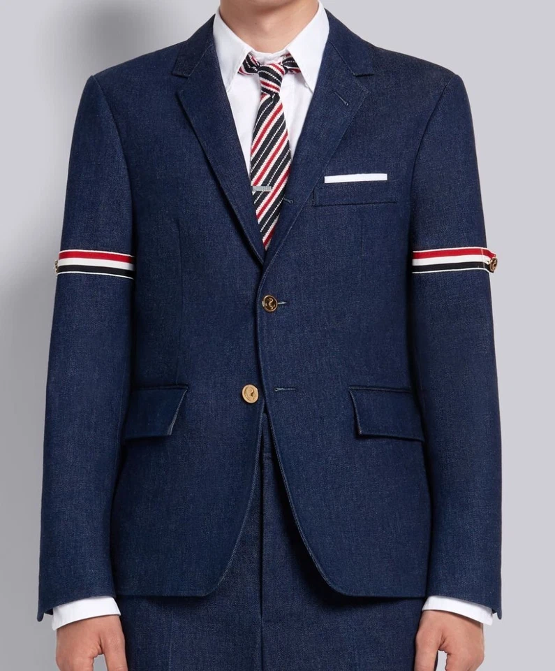 Thom Browne Denim RWB Brazalete Abrigo Deportivo Boda Traje Chaqueta Blazer Preppy Real Foto 2 de 4