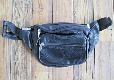 Black Patch Leather Waist Pouch Fanny Pack Lots of Zippered