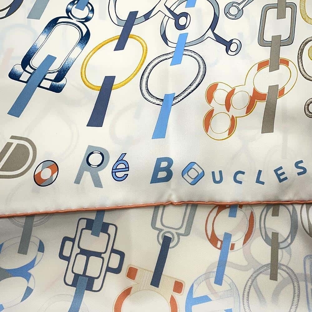 HERMES Carre 90 White Do Re Boucles Scarf Silk 100% from