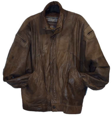 Mens L Bomber Leather Jacket Adventure Bound Motorcycle Biker Full Zip + Snaps