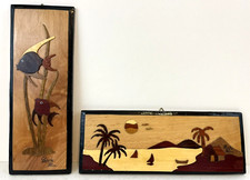Lot Of 2 Vintage Handmade In Costa Rica Wooden Wall Plaques Fish  Beach Scene