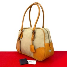 Prada Triangle Logo Canvas Leather 2Way Tote Bag Women Beige One Size