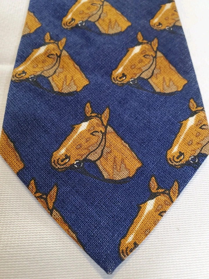 Corbata vintage Polo Ralph Lauren para hombre con estampado de cabeza de caballo 100 % lino azul caballos Foto 4 de 4