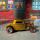 Custom Hot Wheels ‘32 Ford Gold Deep Dish Red Line real riders & interior swap