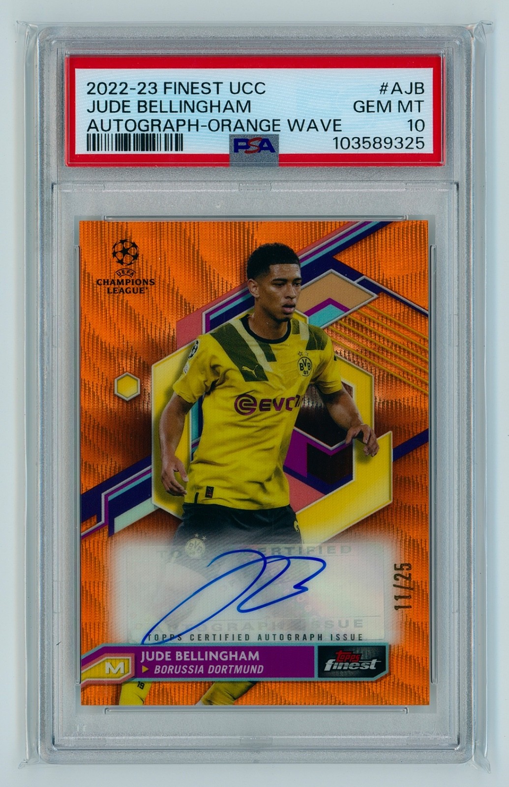 2022-23 Topps Finest UCC Autograph Orange Wave #A-JB Jude Bellingham PSA 10 /25