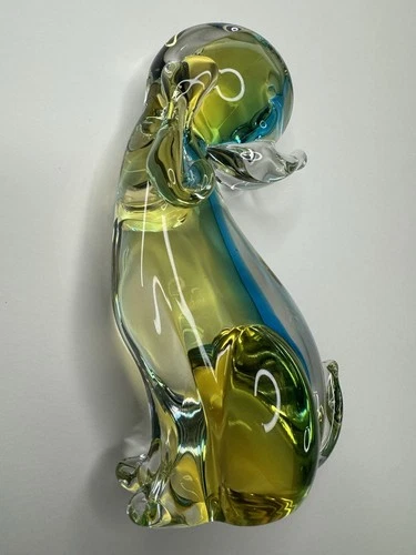 vintage MCM Murano Art Glass blue green 6” Puppy Dog Figurine